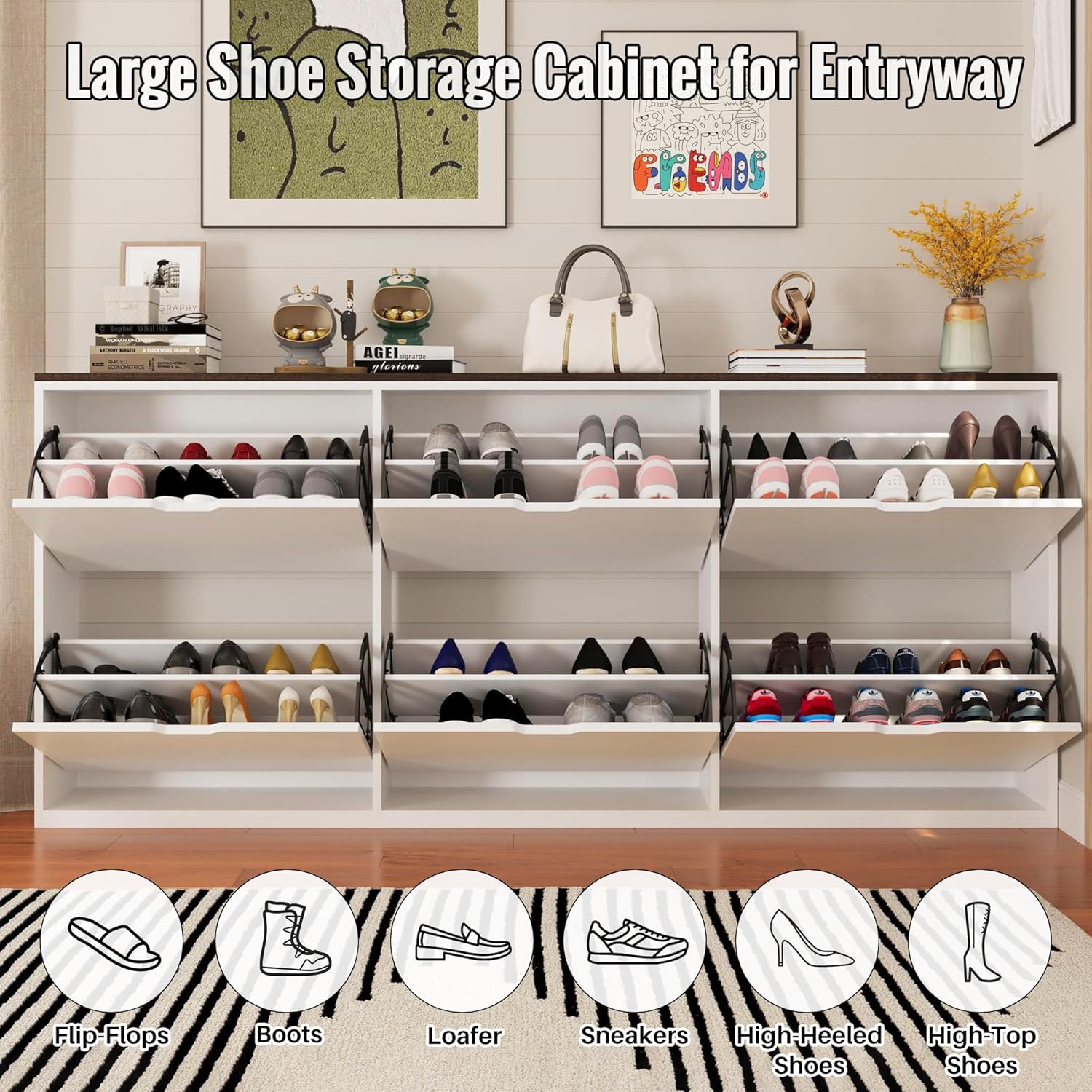 70.9" W Large Shoe Storage Cabinet with 6 Flip Drawers, White Shoe Organizer Cabinet for Up to 36 Pairs, Narrow Shoe Cabinet for Entryway, Hallway, Living Room