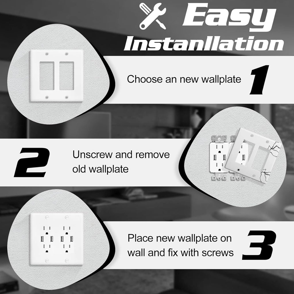 Decorator Wall Plate Double Gang Light Switch Plate Outlet Cover,Unbreakable Polycarbonate Thermoplastic, White (4-Pack, Double Decorator-White)
