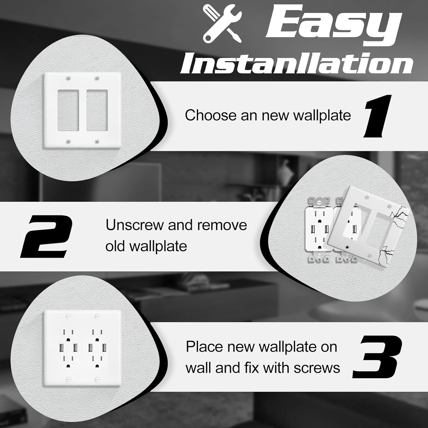 Decorator Wall Plate Double Gang Light Switch Plate Outlet Cover,Unbreakable Polycarbonate Thermoplastic, White (4-Pack, Double Decorator-White)