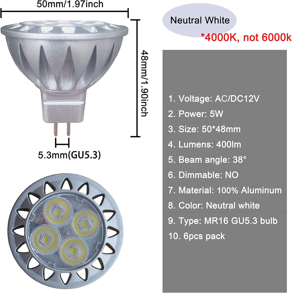 ALIDE MR16 GU5.3 Led Bulbs 5W 4000K Neutral/Natural White,20W-35W Halogen Equivalent,12V MR16 Low Voltage Bulbs for Outdoor Landscape Flood Ceil Track Lighting,Not Dimmable,450lm,38 Deg,6 Pack