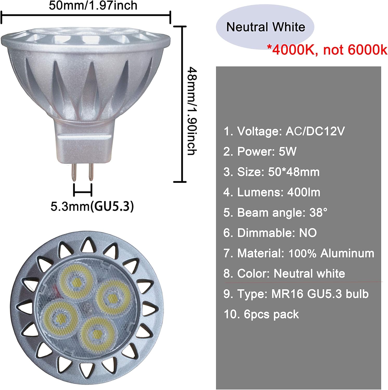ALIDE MR16 GU5.3 Led Bulbs 5W 4000K Neutral/Natural White,20W-35W Halogen Equivalent,12V MR16 Low Voltage Bulbs for Outdoor Landscape Flood Ceil Track Lighting,Not Dimmable,450lm,38 Deg,6 Pack