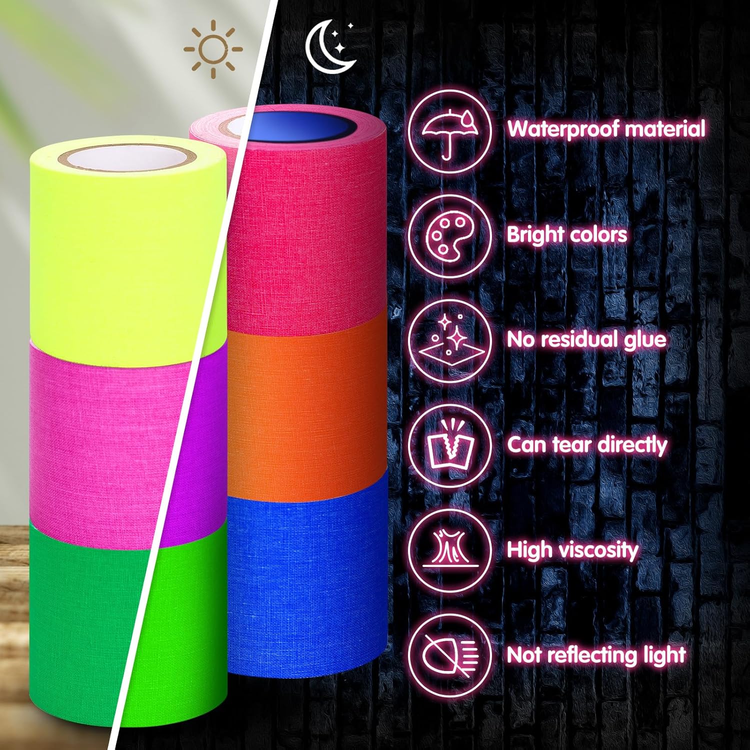 Whaline 6 Colors Neon Gaffer Cloth Tape Fluorescent Rainbow Color UV Blacklight Glow in The Dark Tapes Neon Duct Reflective Tapes for Party Supplies (2 Inch x 16.5 Ft)
