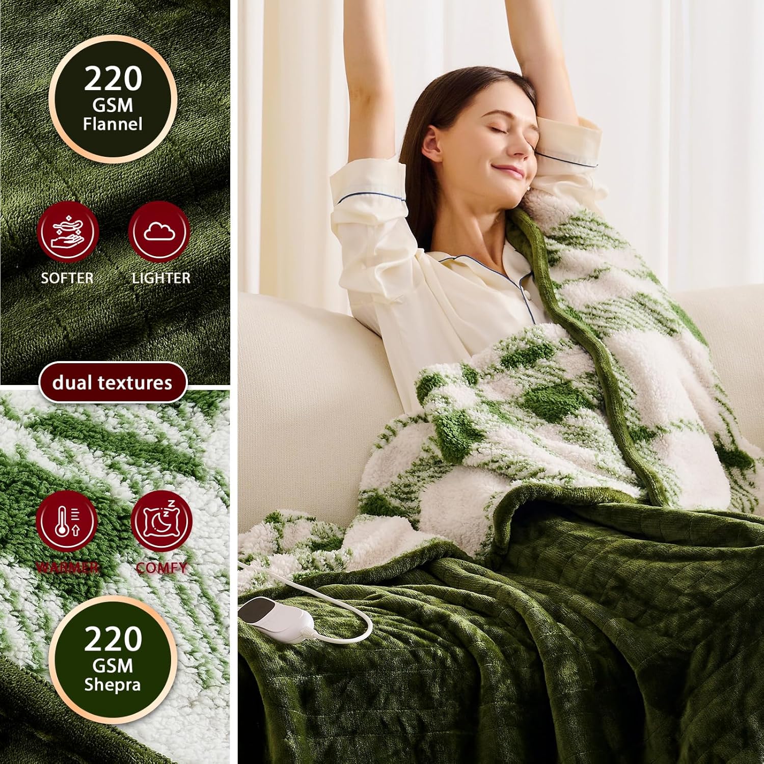 Heated Electric Blanket King Size - 100"x90" Flannel Heating Blanket with 10 Heating Levels & 5 Time Settings Over-Heat Protection, Winter Warmer for Adults with ETL Certification（Green）