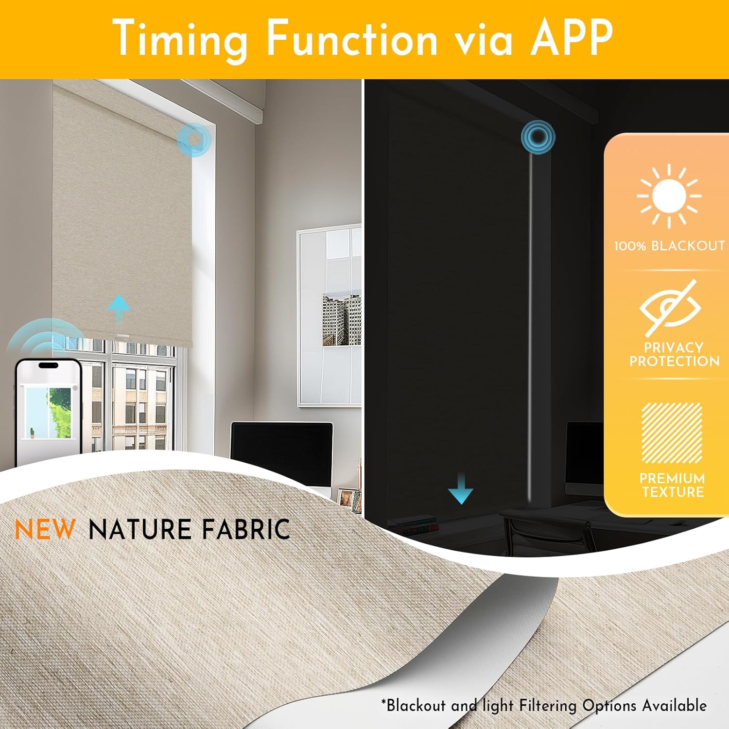 Persilux Smart Motorized Blinds with Remote, No Drill Automatic Roller Shades for Indoor Windows, Blackout Linen Fabric, Electric Blinds for Windows, Nature Khaki C153BO-3, Custom Size