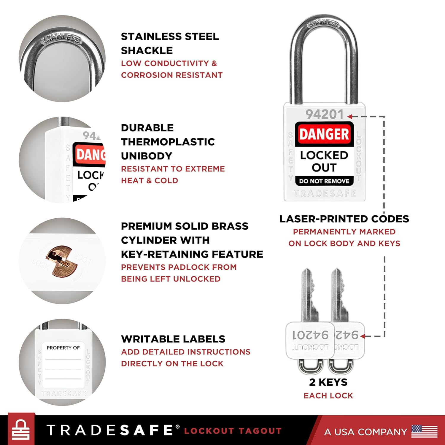 TRADESAFE Lockout Tagout Locks Set - 10 White Loto Locks, Keyed Different Lock Out Tag Out Padlocks, 2 Keys Per Lock, OSHA Compliant Lockout Locks