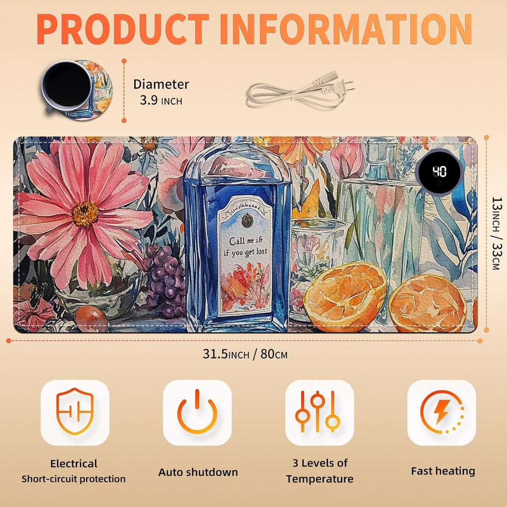 Heated Mouse Pad 31.5x13 in 3-Temp Fast Heating Desk Mat with Auto Timer Warmer for Hands Wrist Pain Relief Waterproof Keyboard Mat for Office, Gaming, Home, Floral Kitchen