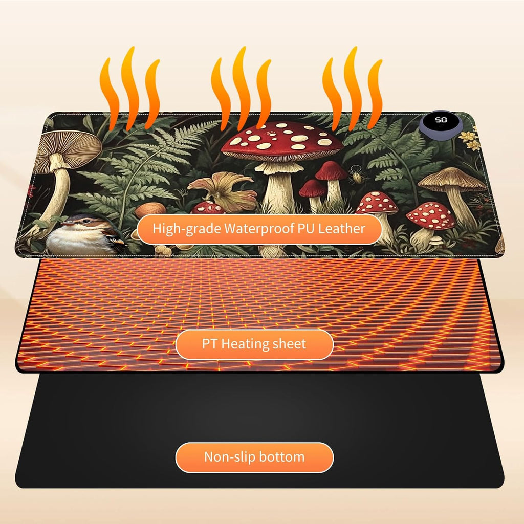 Heated Mouse Pad for Desk 31.5" x 13" – PU Leather Warm Desk Pad with 3 Heat Levels (104°F/113°F/122°F), Plug-in Electric Heating Mat with Auto Shut-Off, Waterproof & Rollable, Forest Mushrooms