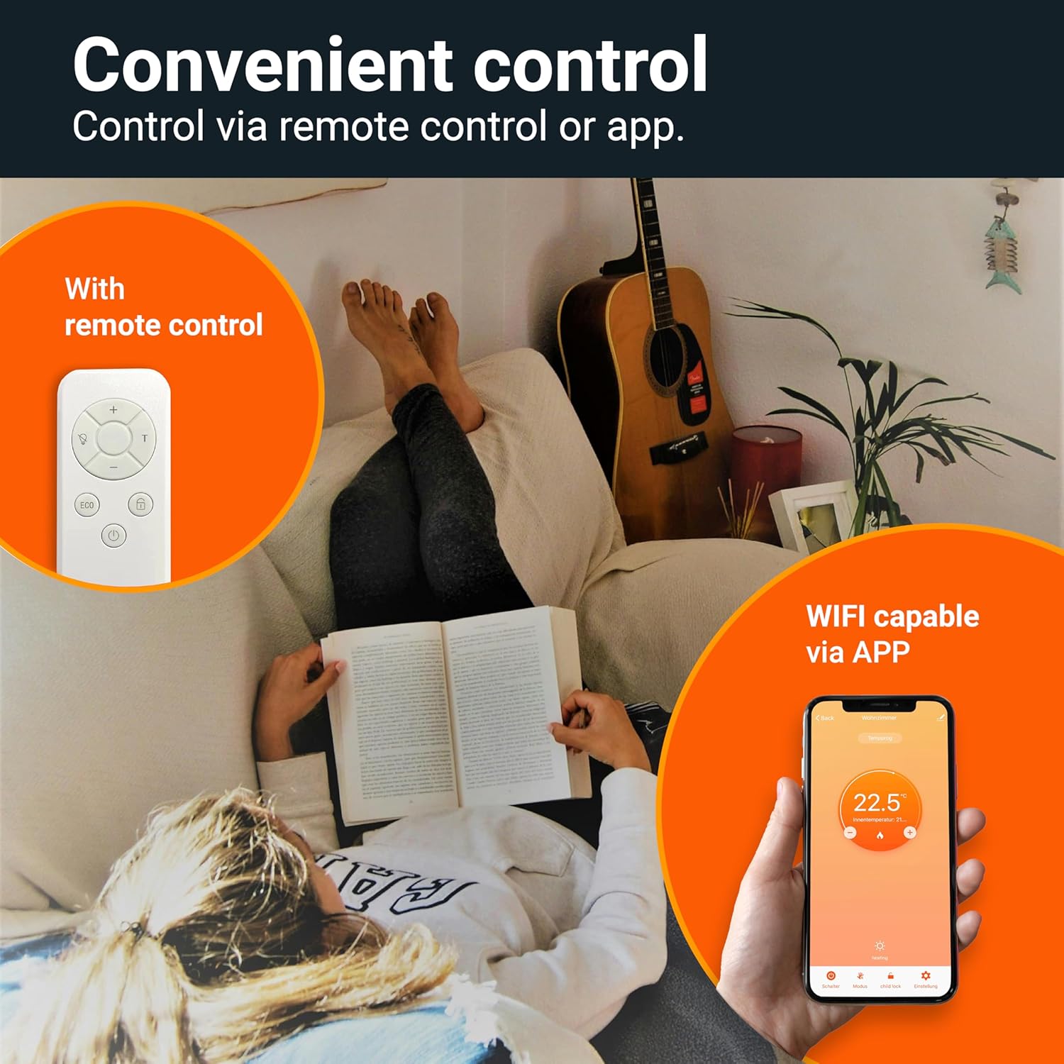 Könighaus 800W Smart Dual Space Heater – Wall heater and mobile use – WiFi App Control & Remote – Includes Towel Rack, Stand Feet & Mounting Kit – Color: White