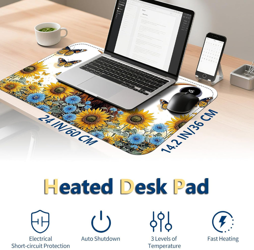Heated Mouse Pad with 3 Temperature Settings(104°F–122°F),Large 24x14.2 Inch PU Leather Heated Desk Mat,Waterproof Warming Pad for Office,Gaming & Cold Hands Relief,Sunflower Cow