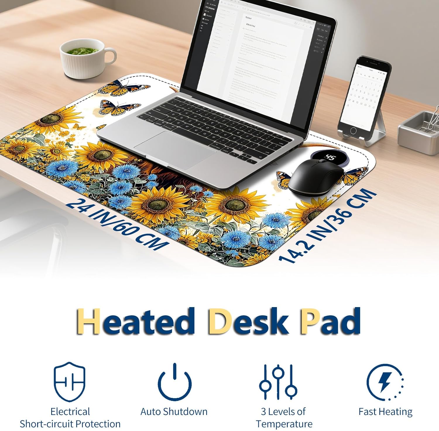 Heated Mouse Pad with 3 Temperature Settings(104°F–122°F),Large 24x14.2 Inch PU Leather Heated Desk Mat,Waterproof Warming Pad for Office,Gaming & Cold Hands Relief,Sunflower Cow