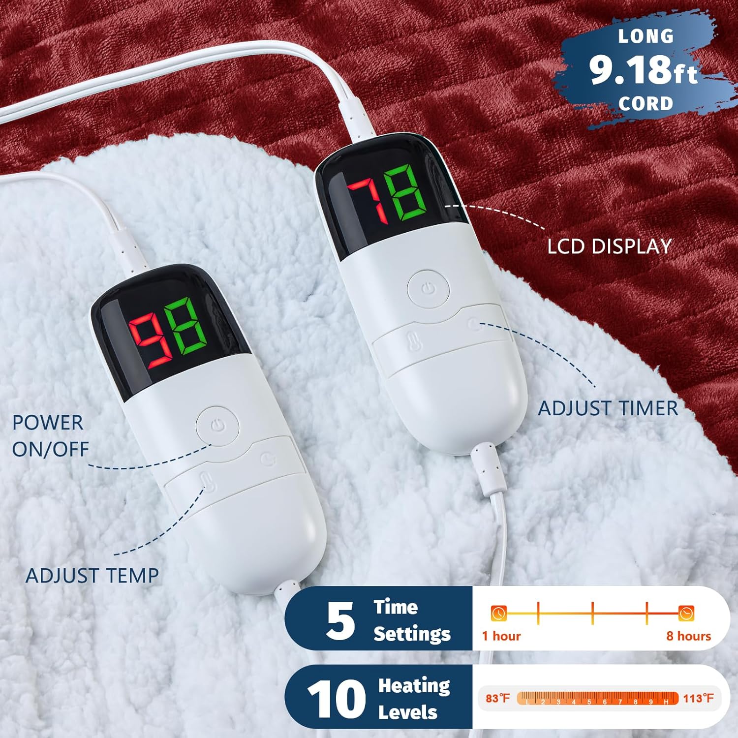 Heated Electric Blanket King Size - 90" x 100" Heating Blanket with Dual Control, 10 Heating Levels & 8 Hours Auto Off, Soft Warm Flannel Blanket, Christmas Birthday Gifts for Senior Grandma