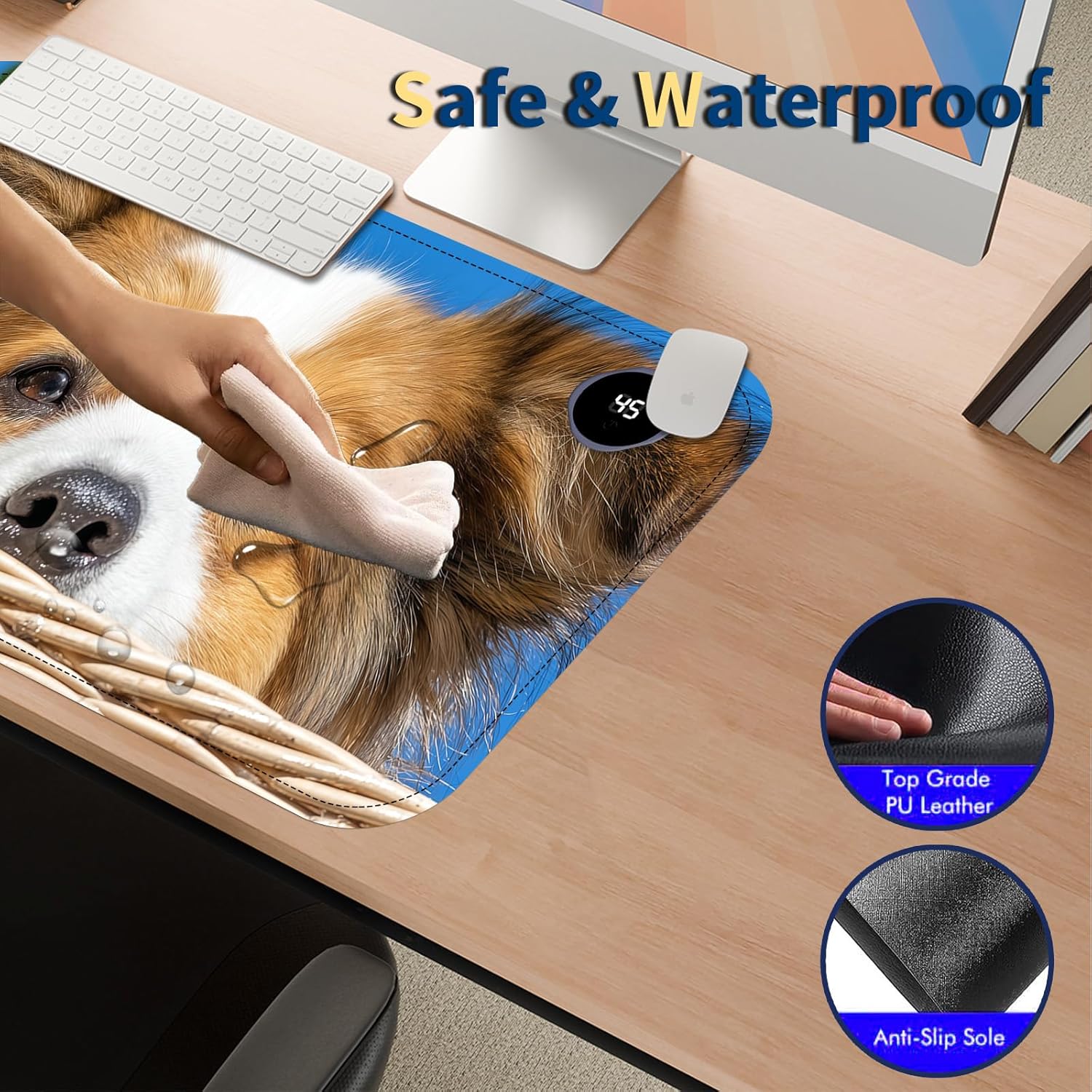 Heated Mouse Pad with 3 Temperature Settings(104°F–122°F),Large 24x14.2 Inch PU Leather Heated Desk Mat,Waterproof Warming Pad for Office,Gaming & Cold Hands Relief,Cute Dog