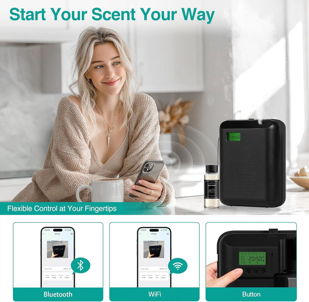 Scent Air Machine Starter Kit – Waterless Diffuser for Home & Commercial Use, Hotel Scent Diffuser Includes 100ml Essential Oil, WiFi/Bluetooth Control, 2000 sq.ft Coverage, Wall-Mount & Desktop