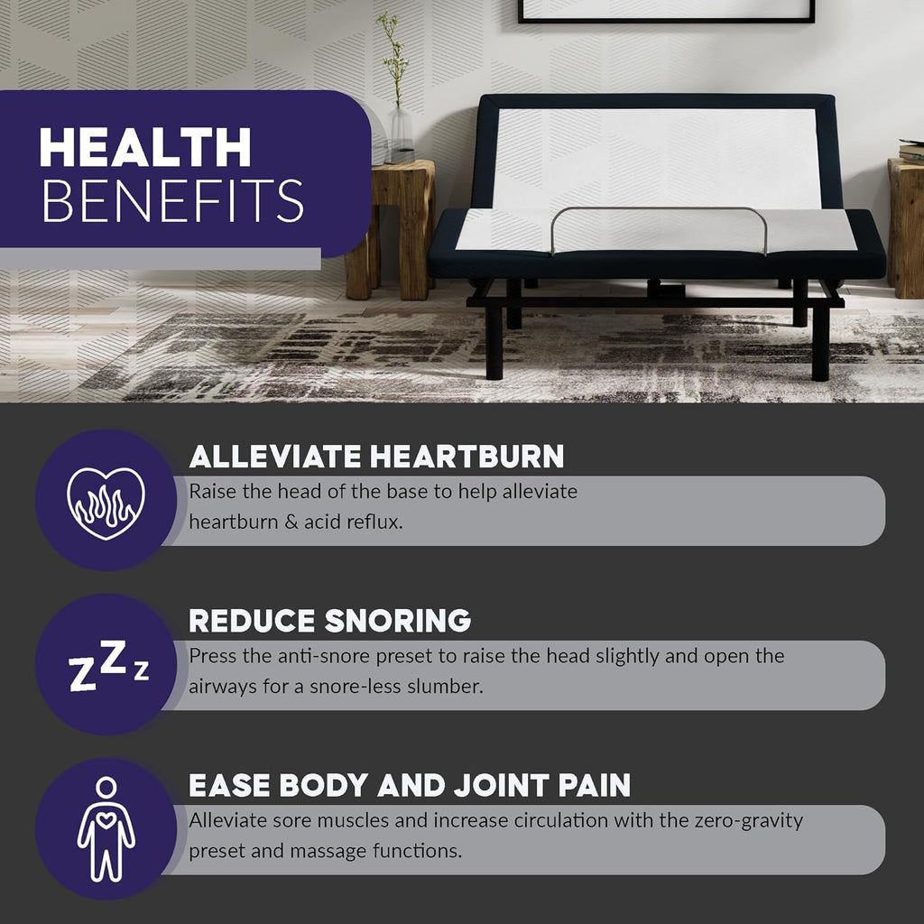 Blissful Nights e4 Split Top Flex Top King Adjustable Bed Base Frame, Massage, Anti-Snore, USB, Nightlight, Wireless Remote Head & Foot Incline, and 10-Year Warranty