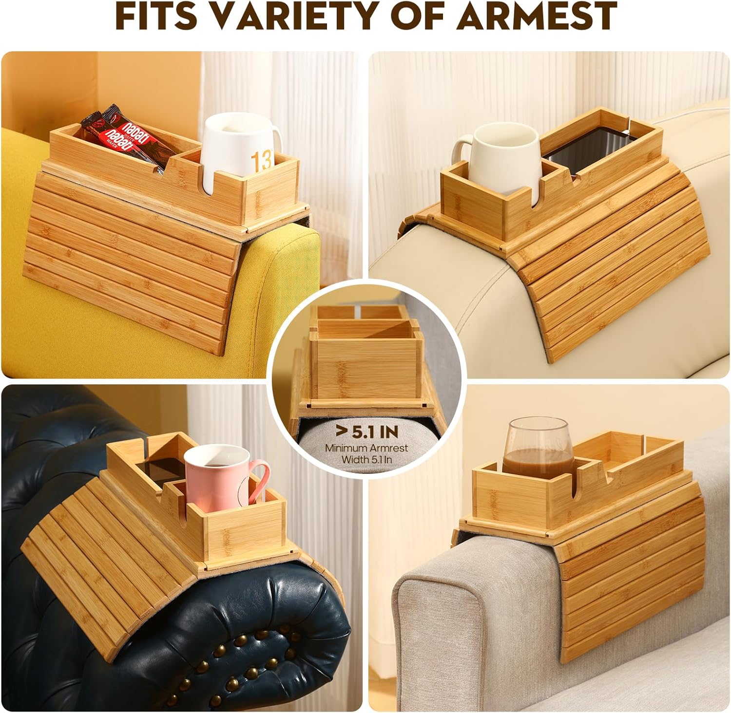 Bamboo Couch Arm Tray with Detachable Cup Holder, 2 in 1 Foldable Anti-Falling Design for Cups, Snacks, Remote, Cellphone