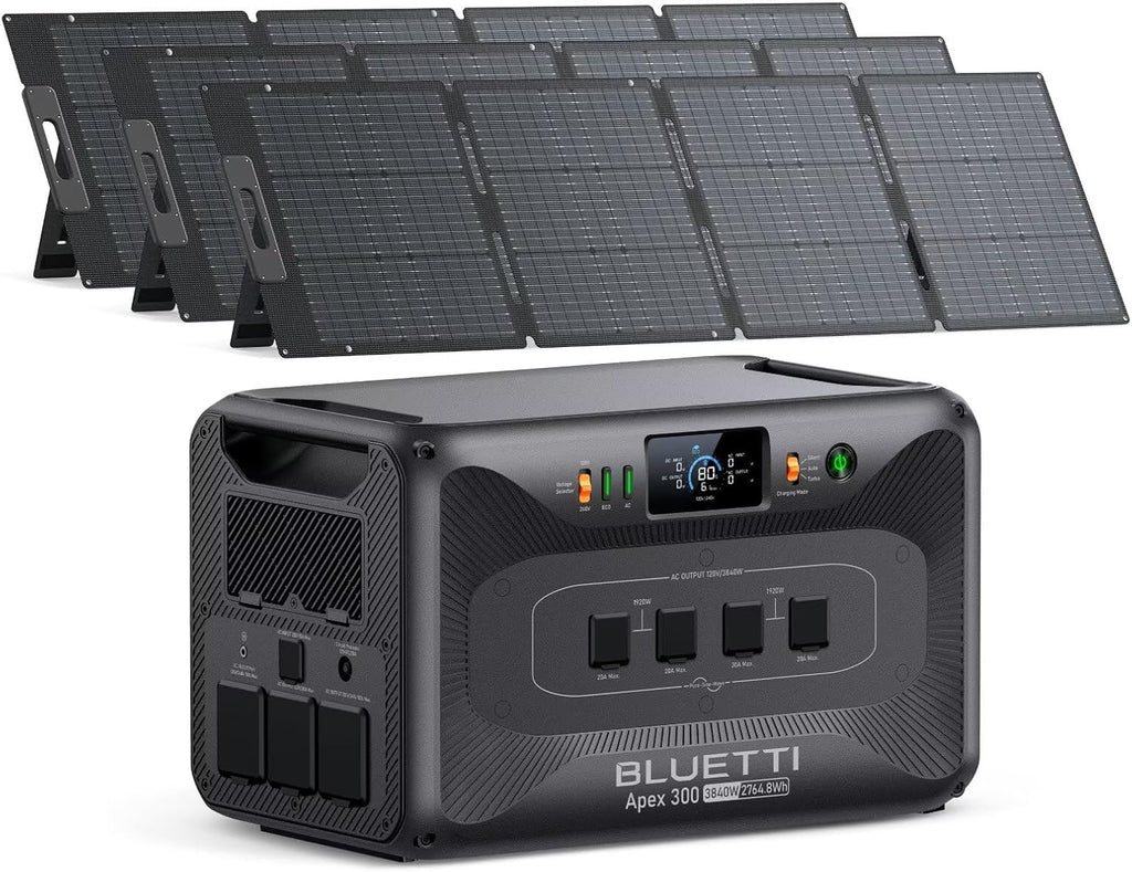 BLUETTI Apex 300 Solar Generator (2025 New) with 3 200W Solar Panels, 2764.8Wh LFP Battery Backup with 6 3840W AC Outlets (7680W Surge), 120V/240V Dual Voltage, Ideal for Camping and Off-Grid Living