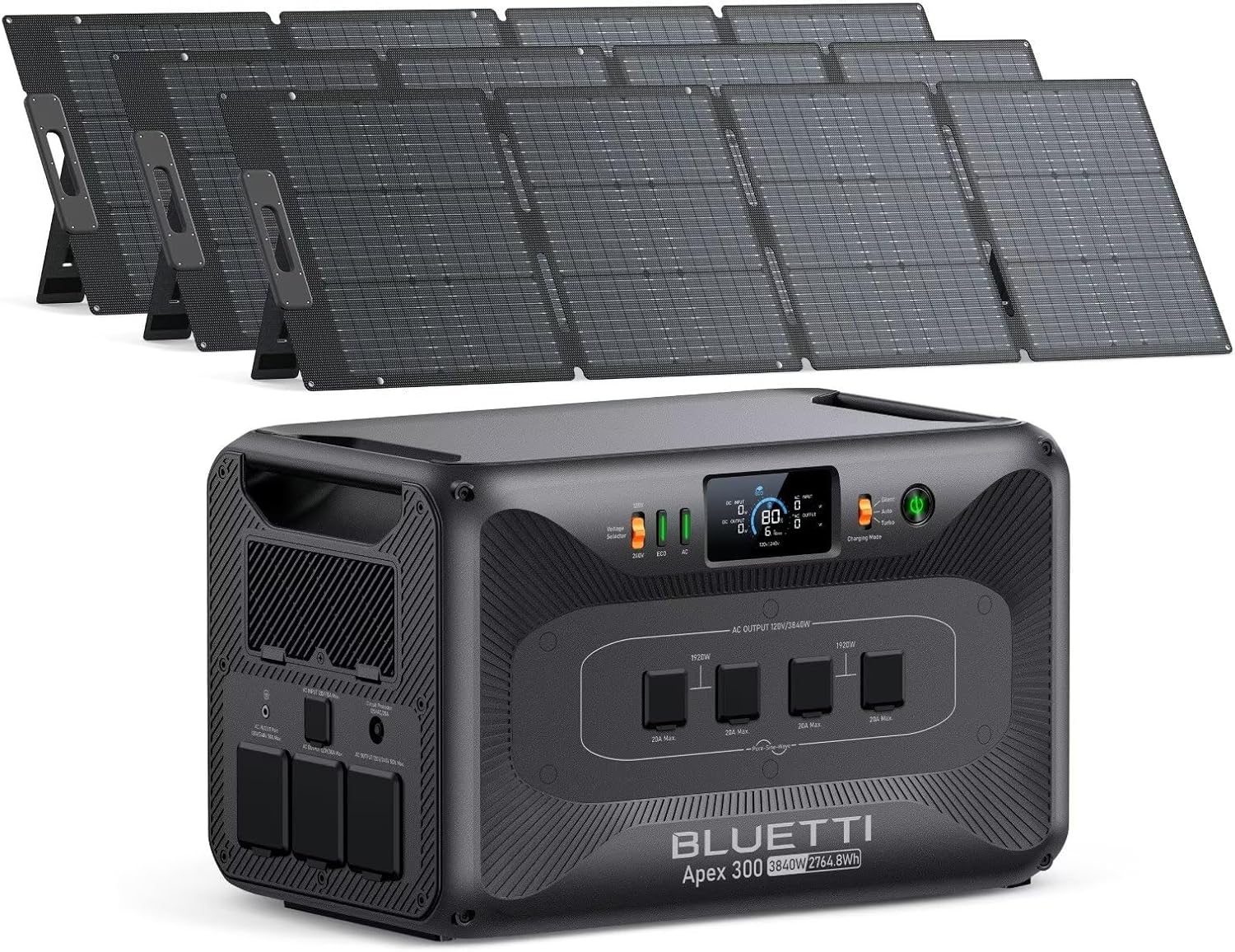 BLUETTI Apex 300 Solar Generator (2025 New) with 3 200W Solar Panels, 2764.8Wh LFP Battery Backup with 6 3840W AC Outlets (7680W Surge), 120V/240V Dual Voltage, Ideal for Camping and Off-Grid Living