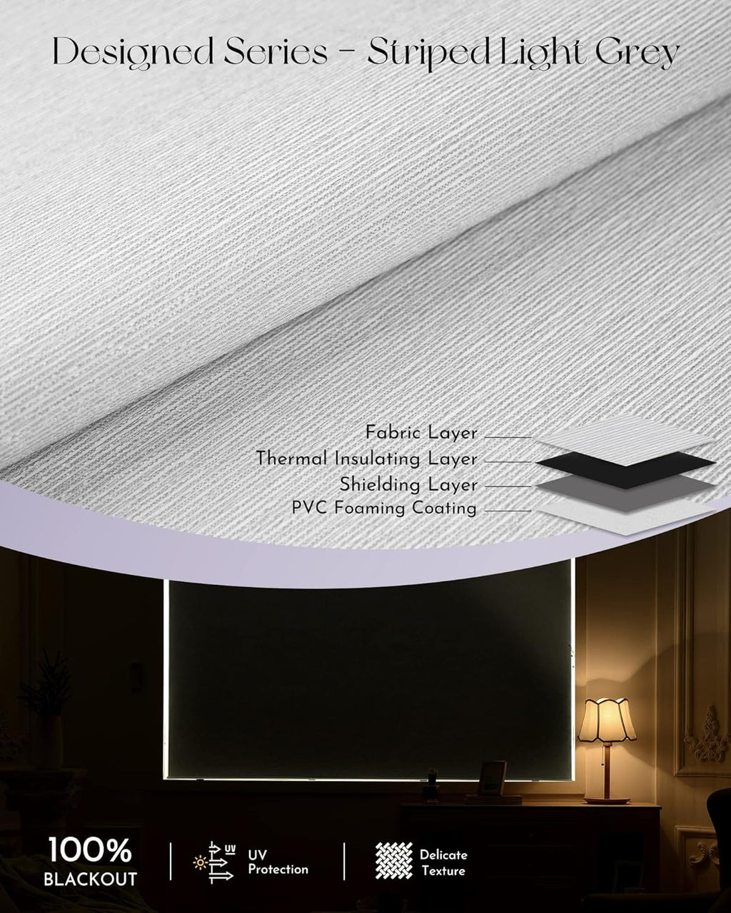 Graywind Smart Blackout Roller Shades Compatible with Alexa Google Textured Gleaming Fabric Rechargeable Motorized Blinds Cordless Remote Control Window Shades, Custom Size (Striped Light Grey)
