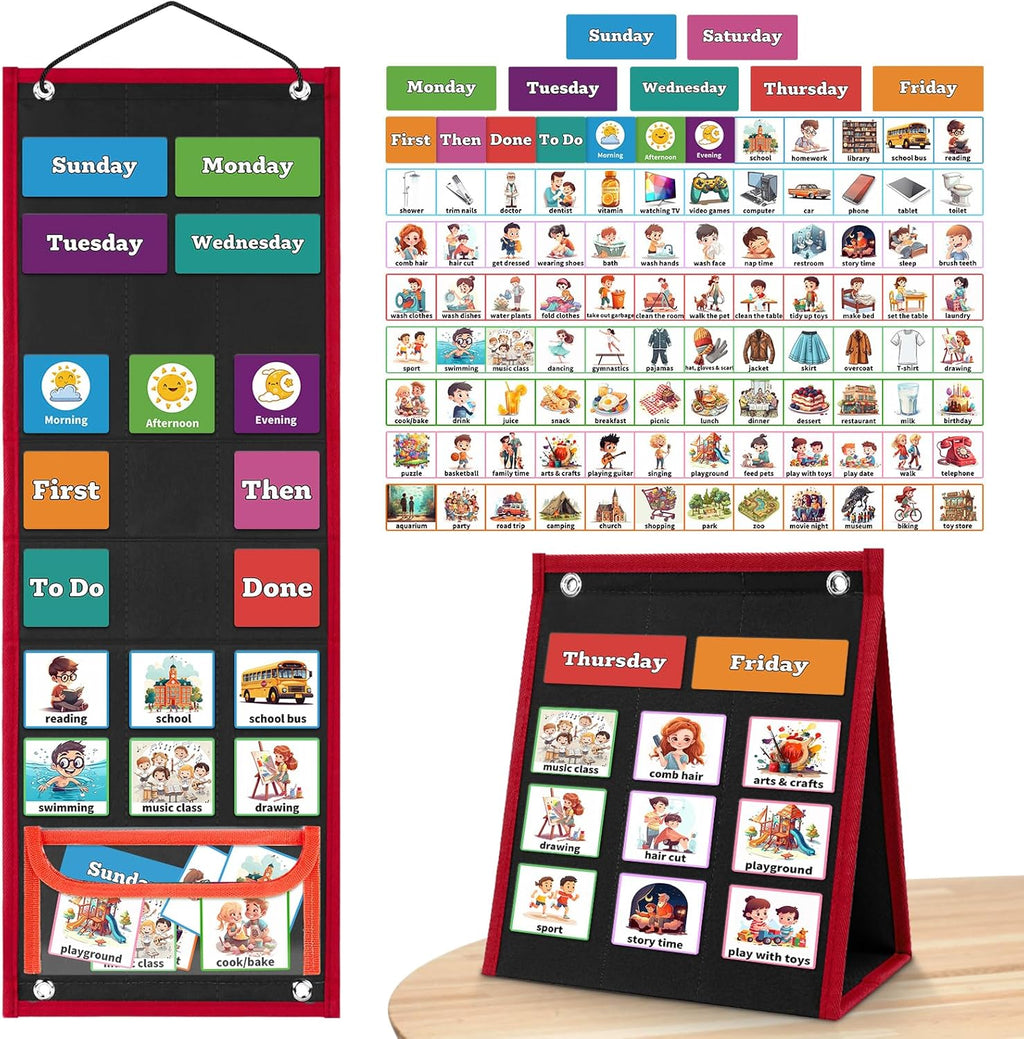 Visual Schedule for Kids Chore Chart，2 in 1 Daily Schedule Board Routine Pocket Chart Cards for Toddlers,Autism Learning Materials Tool Wall Planner for Home School with 103 Cards （Black）
