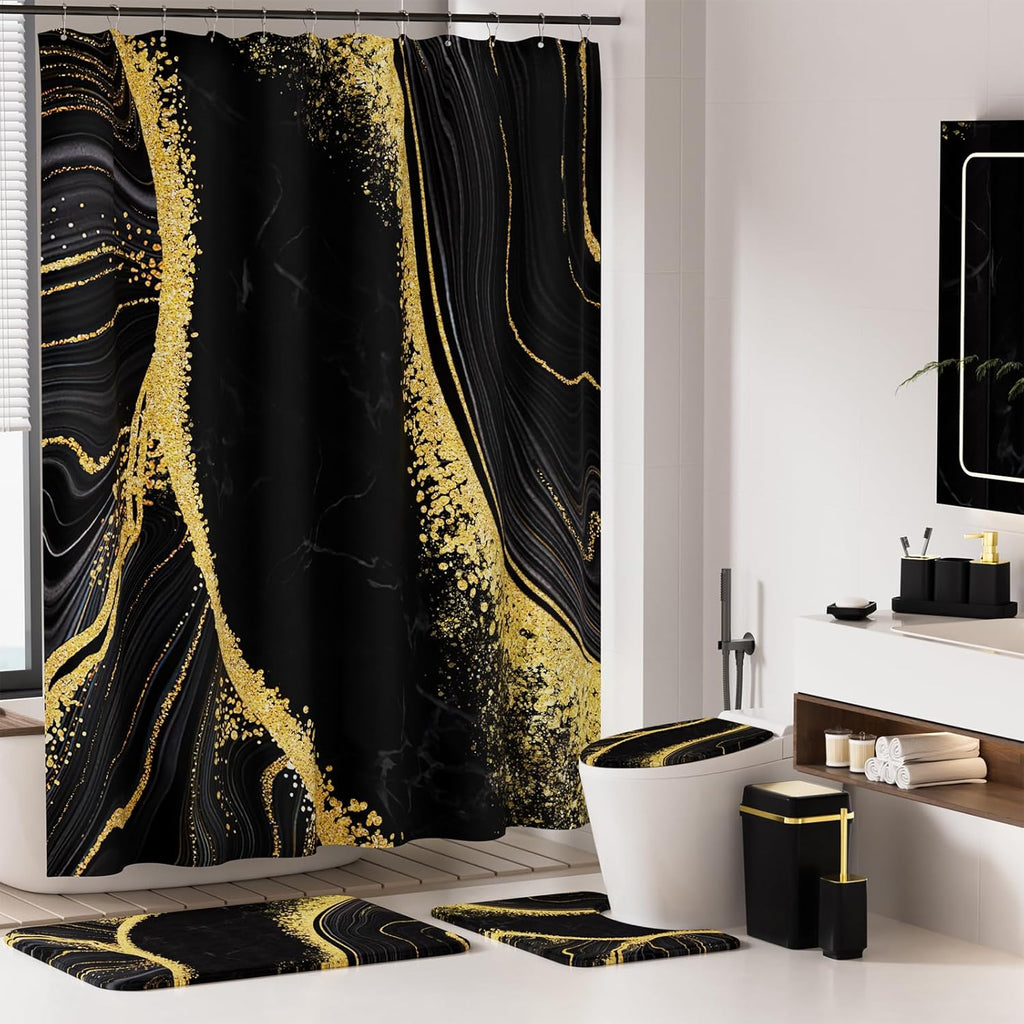 25PCS Bathroom Accessory Set, Black Bathroom Set with Large-Capacity 4 Gallon Trash Can,Bathroom Sets with Shower Curtain and Rugs, Bathroom Rugs Set, Home Decor