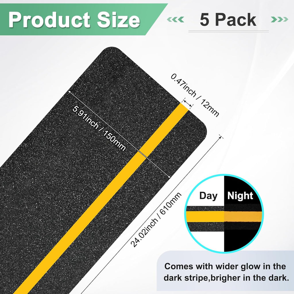 5-Pack Anti Slip Traction Tape 24" x 6" Best Grip Tape Grit with 12mm/0.47" Glow in Dark Stripe High Traction Friction Abrasive Adhesive for Indoor/Outdoor Stairs[Black+Yellow]