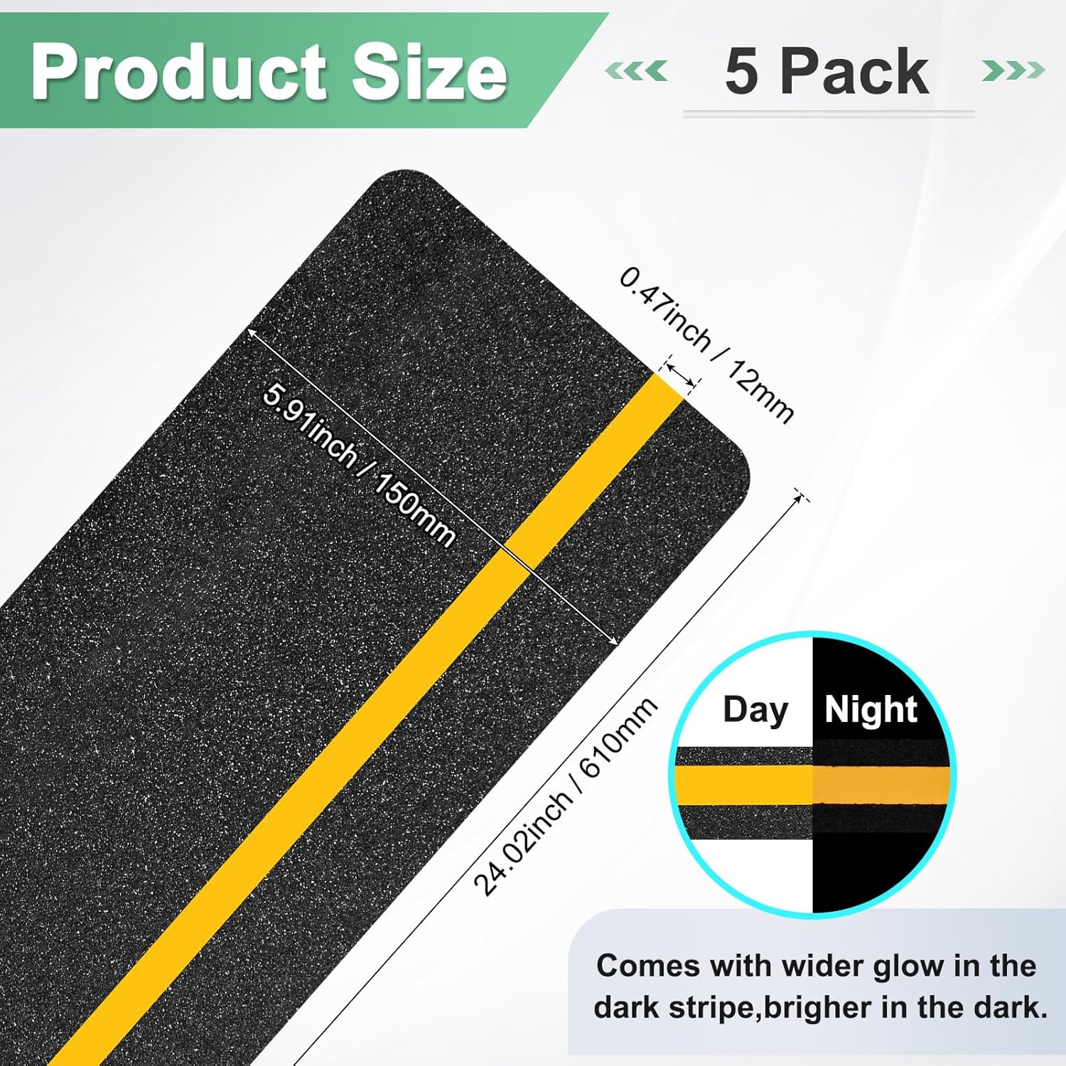 5-Pack Anti Slip Traction Tape 24" x 6" Best Grip Tape Grit with 12mm/0.47" Glow in Dark Stripe High Traction Friction Abrasive Adhesive for Indoor/Outdoor Stairs[Black+Yellow]
