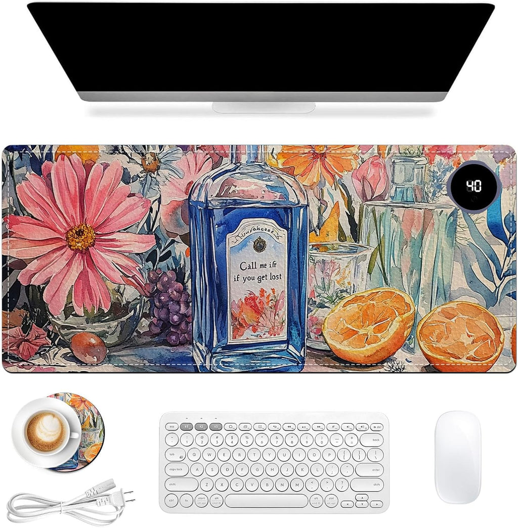 Heated Mouse Pad 31.5x13 in 3-Temp Fast Heating Desk Mat with Auto Timer Warmer for Hands Wrist Pain Relief Waterproof Keyboard Mat for Office, Gaming, Home, Floral Kitchen