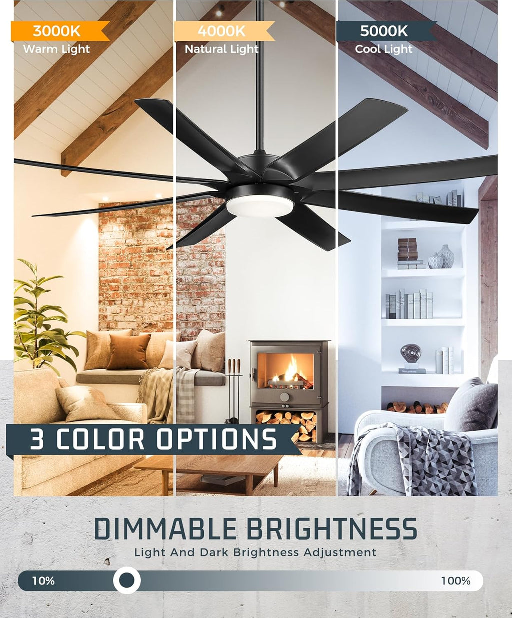 70 Inch Ceiling Fans with Lights, Smart Ceiling Fan with Voice Control, 8 ABS Blades, Reversible DC Motor, 3CCT Dimmable Black Ceiling Fan for Patio, CF01-BK