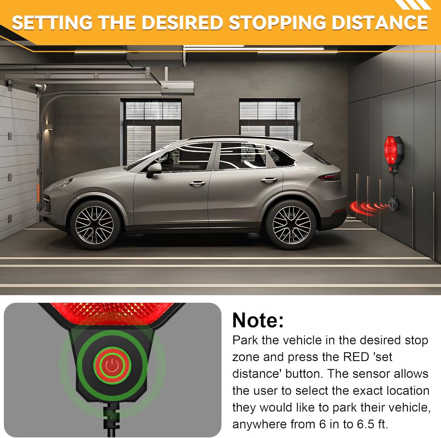 Adjustable Garage Parking Sensor Aid with with Red/Yellow/Green LED Display, Garage Parking Aid Set Stop Distance 6"–6 ft, Battery (Not Included) or USB Powered, No-Drill Installation(Black)