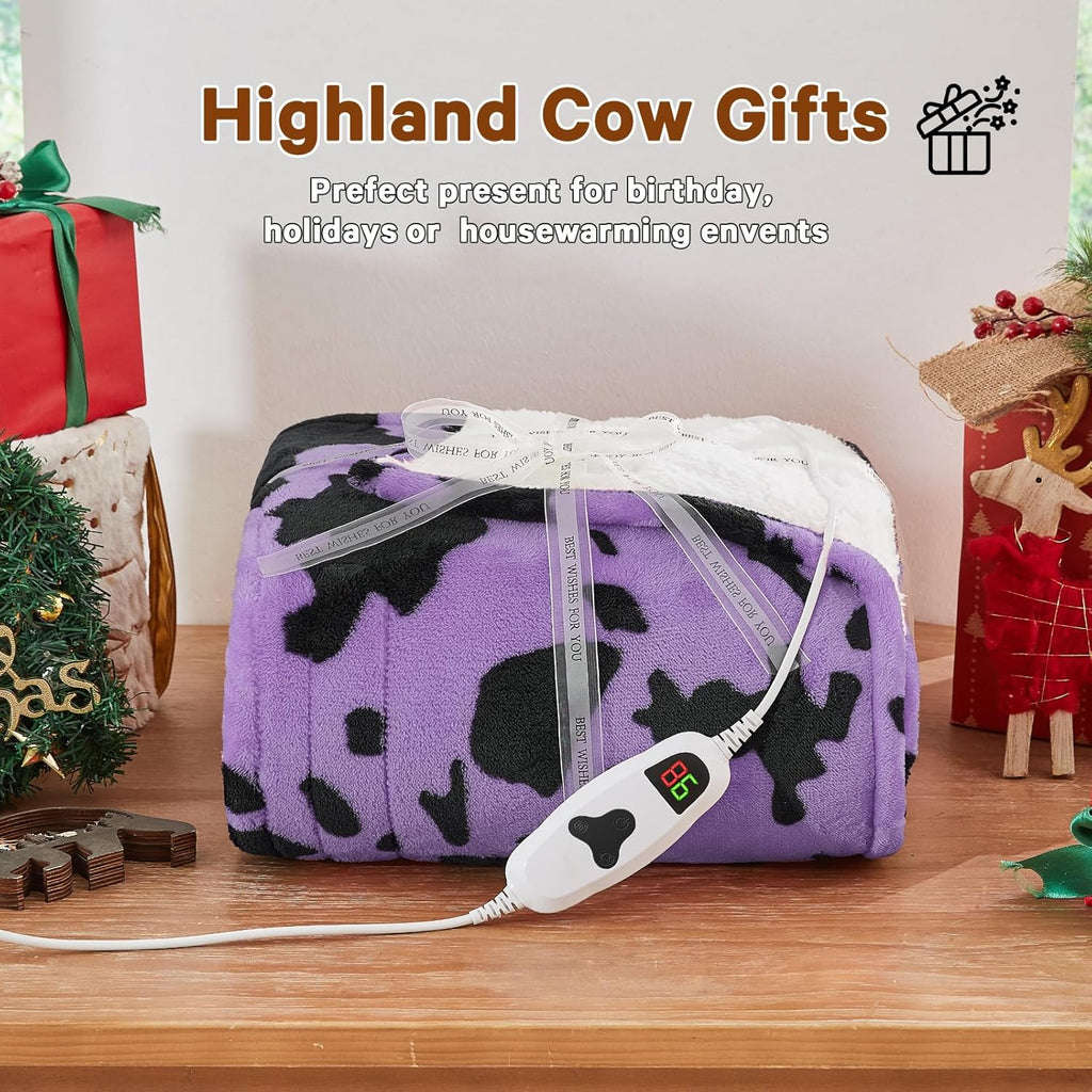 Purple Heated Electric Blanket Throw,50X60 Highland Cow Print Heating Blanket with 10 Heats Levels & 8 Hours Auto Off,Highland Cow Decor Fleece Sherpa Blankets Warmer Gifts for Women Adults Washable