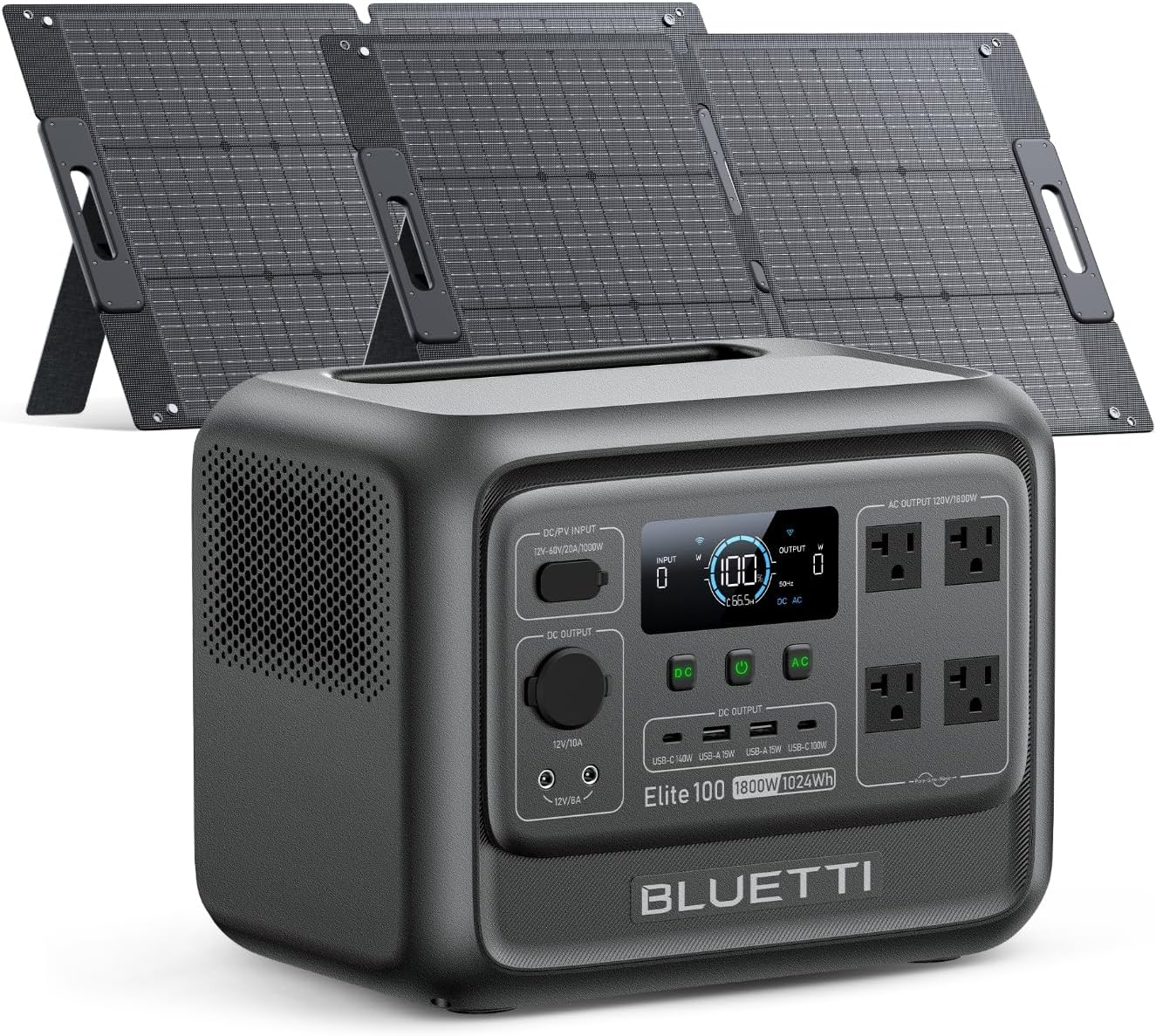 BLUETTI Solar Generator Elite 100 V2 (2025 New) with 2×100W Solar Panels Included, 1024Wh Portable Power Station w/ 2 1800W AC Outlets, 35% Smaller, Ideal for Camping, Emergencies, Backup Power
