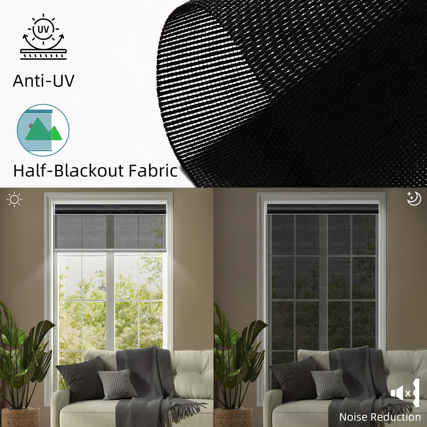SmartWings Motorized Light Filtering Shades, 50% Blackout PVC Free Smart Blinds, Custom Size, Rechargeable Battery, Works with Matter/Apple HomeKit, Alexa, Thread/Zigbee, Remote Optional, 50% Black