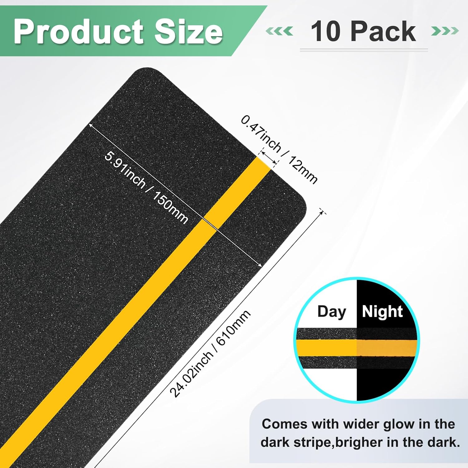 10-Pack Anti Slip Traction Tape 24" x 6" Best Grip Tape Grit with 12mm/0.47" Glow in Dark Stripe High Traction Friction Abrasive Adhesive for Indoor/Outdoor Stairs[Black+Yellow]