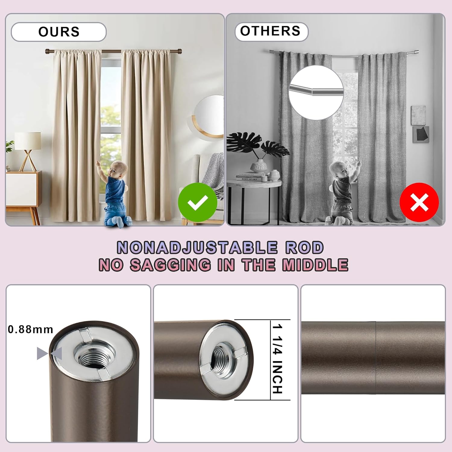 Heavy Duty Curtain Rods,1 1/4" Large Diameter Premium Nonadjustable Curtain Rod,144in/12ft Custom Window Treatment Rods with Durable Aluminum Brackets and End Caps,Dark Bronze Finish