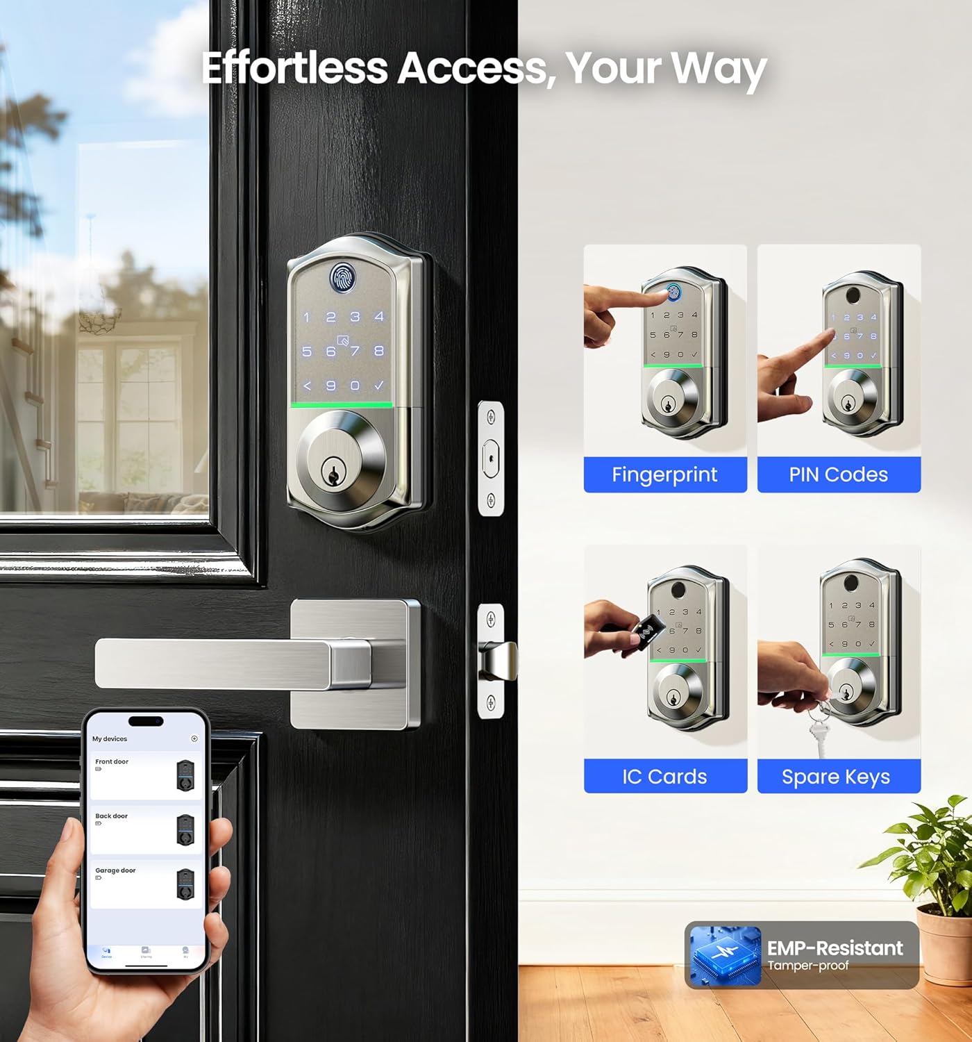 Veise VE017-B Fingerprint Smart Lock for Front Door, App Control, 7-in-1 Keyless Entry Deadbolt with 2 Zinc Alloy Lever Handles Set, Emergency Power Port, Auto Lock, Electronic Keypad, Satin Nickel