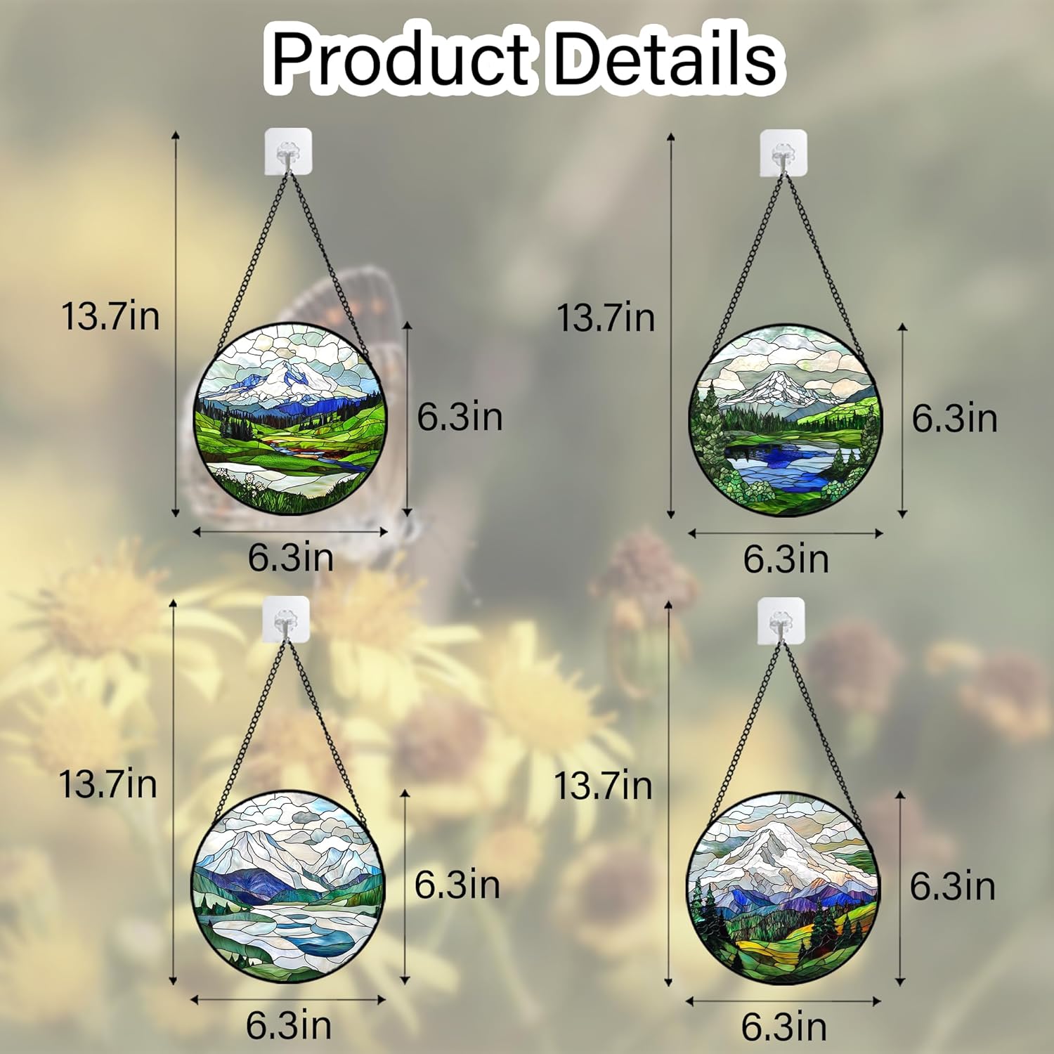 Stained Glass Window Hanging 4 Pcs Set Mountains Lake Green White Landscape 6.3" - Suncatcher Door Garden Sun Catcher Decor Birthday Christmas for Mom Woman Nana Men