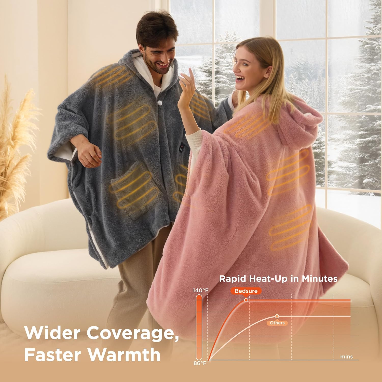 Bedsure Cordless Wearable Heated Blanket - Fluffy Electric Blanket Hoodie with 20000mAh Battery Pack, Portable USB Heated Shawl as Winter Gifts for Women Mom, 4 Heat Levels & 4 Timers, 55"x69", Pink