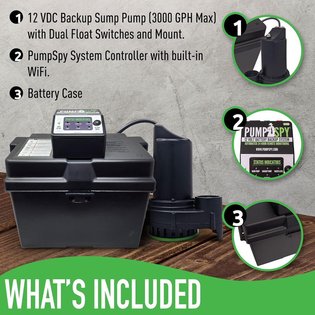 PumpSpy PS2000 WiFi Battery Backup Sump Pump System w/Internet Monitoring & Alerts, Sump Pump Battery Backup That Connects to 24/7 Remote Monitoring Service, Compatible w/PumpSpy App