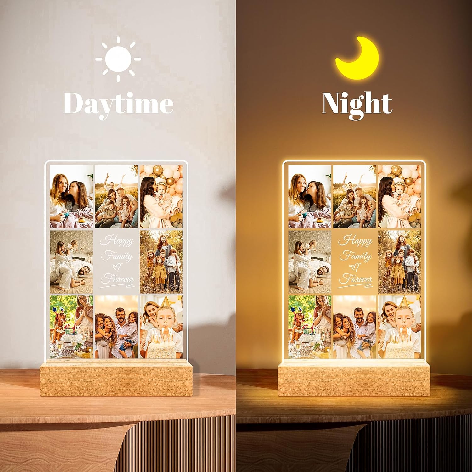 Personalized Collage Picture Frames with Photos, Custom Photo Frame with Night Light, Customized Picture Frame, Personalized Birthday Gifts for Women Men Mom Dad Kids Baby Family Friends