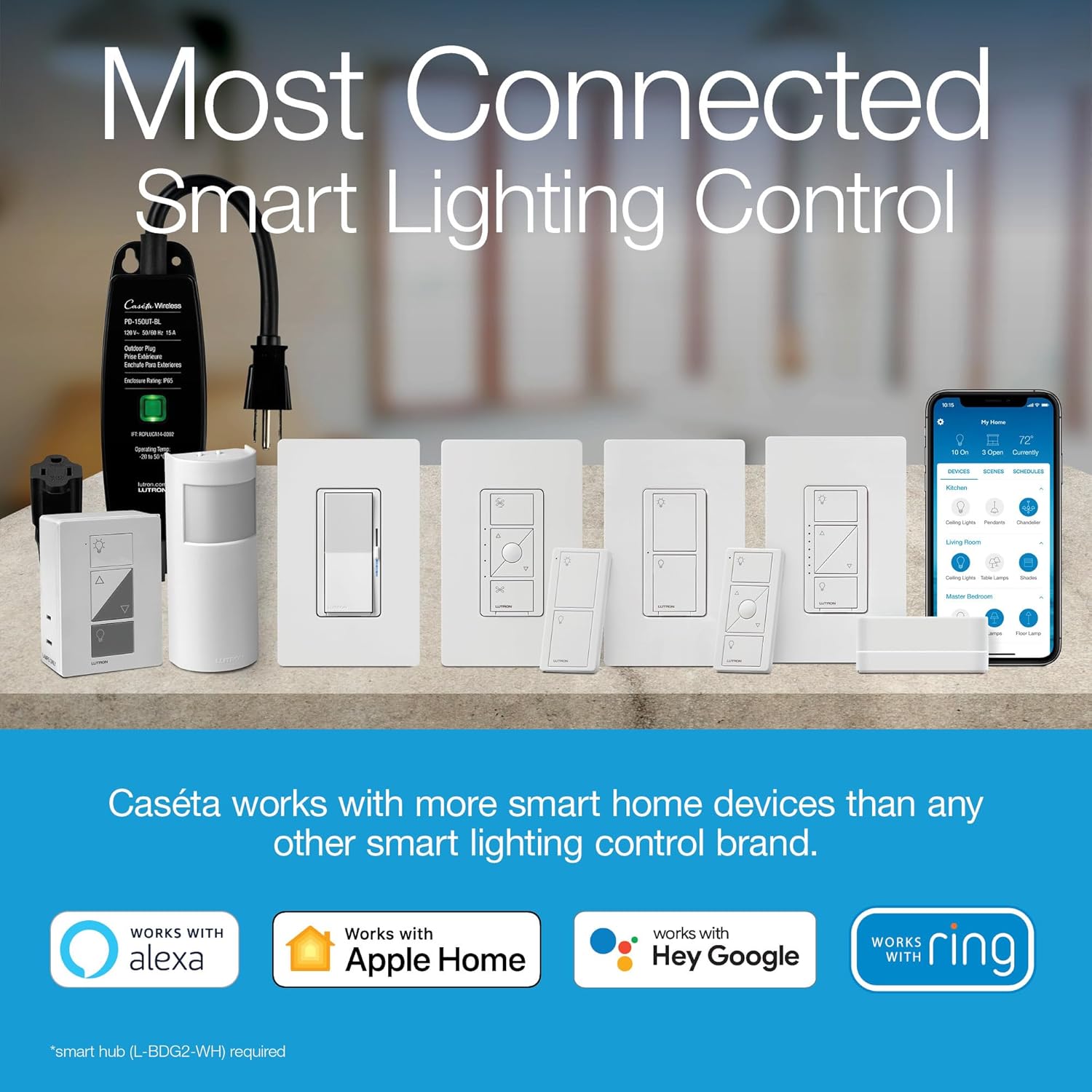 Lutron Diva Smart Dimmer Light Switch for Caseta Lighting (Lutron Smart Hub Required), for LED Lights, 150W, Single-Pole/3-Way, No Neutral, White, 9 Pack