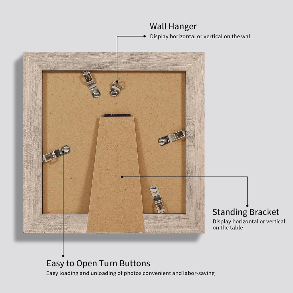 iRahmen 6x6 Picture Frame Set of 4 with High Definition Glass, Smoke Gray Frame Display 4x4 Pictures with Mat or 6 x 6 Without Mat, Wood Square Photo Frame for Wall Mount and Tabletop Display