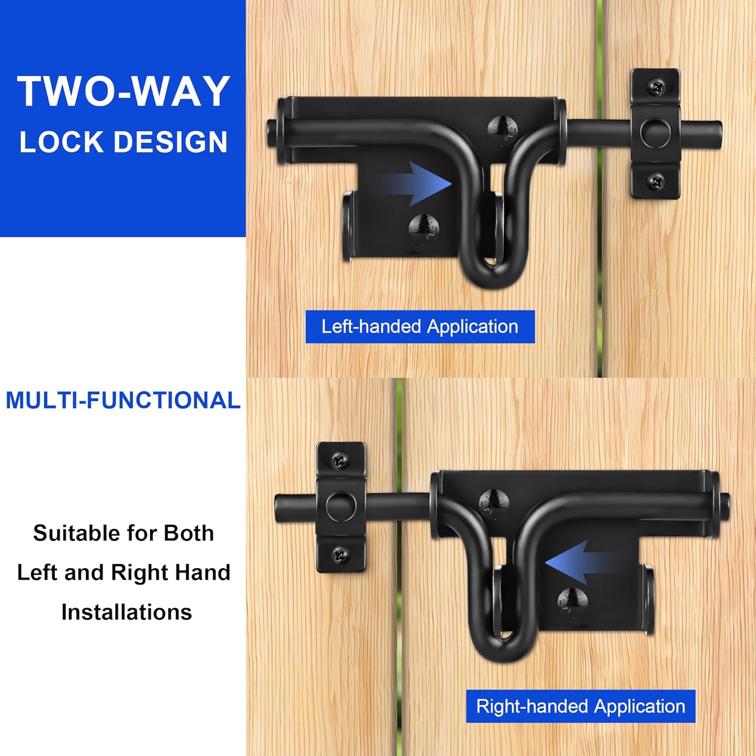 Heavy Duty Slide Bolt Gate Latch with Padlock Hole - Universal Security Lock for Wooden Fence, Metal Gate, Shed Door, Yard Barn, Vinyl Sliding Door - Out/Indoor Waterproof Door Latch, Black