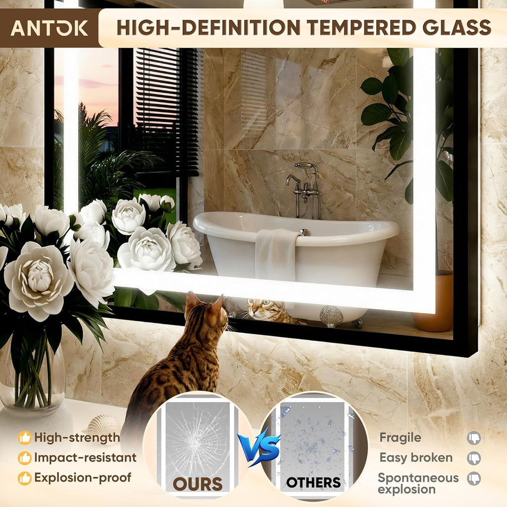 Antok 60X36 LED Bathroom Mirror with Lights, Vanity Mirror for Wall with Black Frame, Touch Control, Anti-Fog, Dimmable Lights, Shatter-Proof, Memory Function, Wall-Mounted Vanity Mirrors