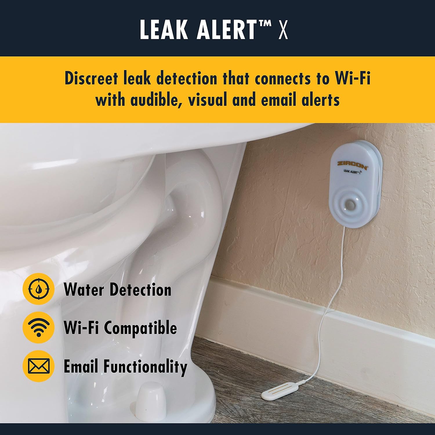 Zircon Leak Alert X – Smart Electronic Water Detector with 9.8 ft Cable – Email, Audio, & Visual Alerts, Battery Included,White