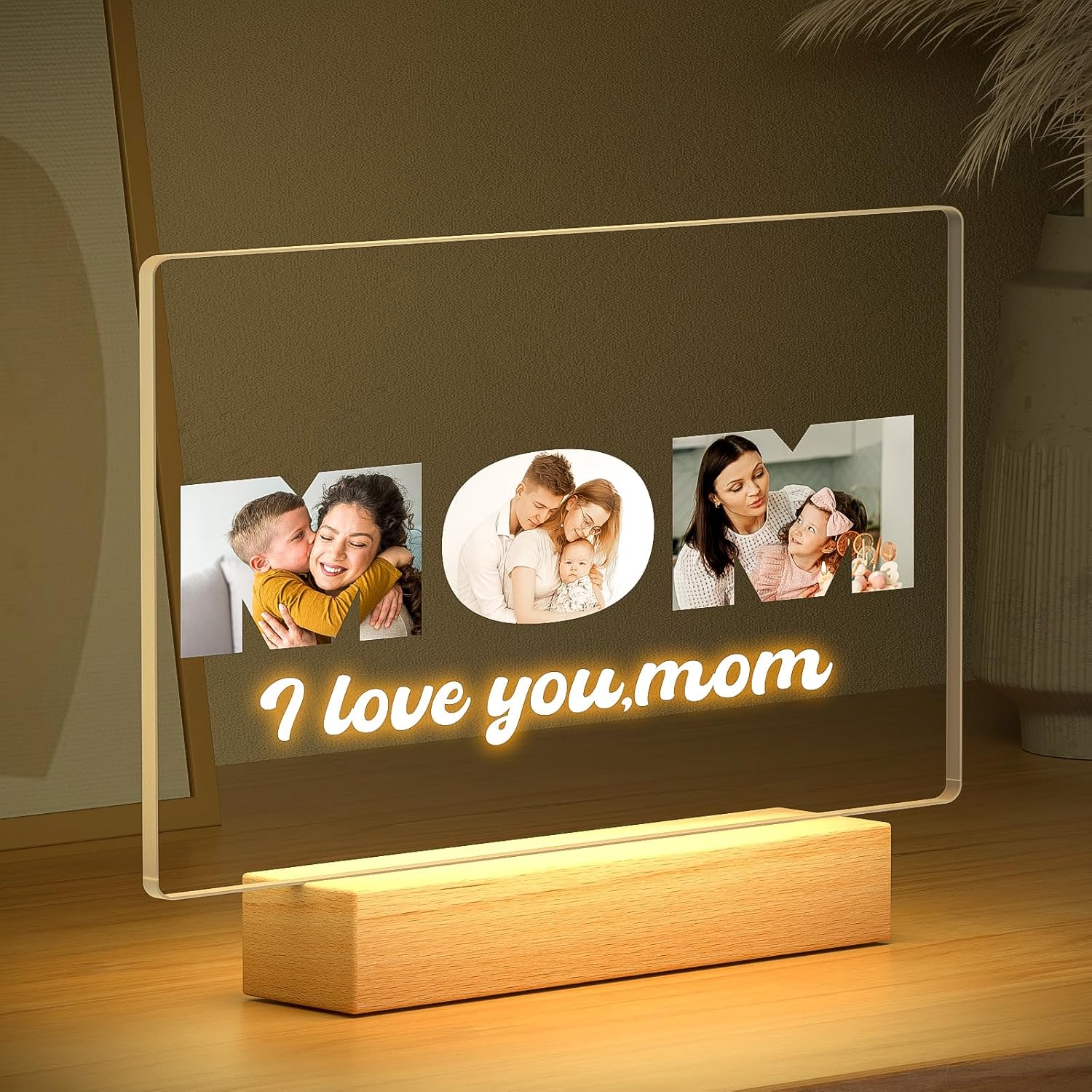 Custom Mom Picture Frame with Photo, Personalized Photo Frame with Night Light, Customized Picture Frames, Personalized Valentines Day Gifts for Mom from Daughter & Son