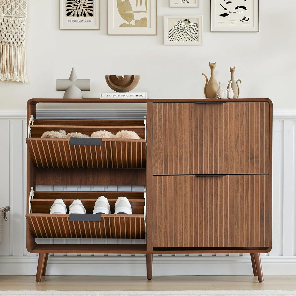 47" Fluted Large Shoe Cabinet with 4 Flip Drawers, Slim Freestanding Shoe Cabinet Organizer, Narrow Shoes Storage Rack for Entryway, 5 Sturdy Legs (All Walnut, 9.45" D x 47.24" W x 35.83" H)