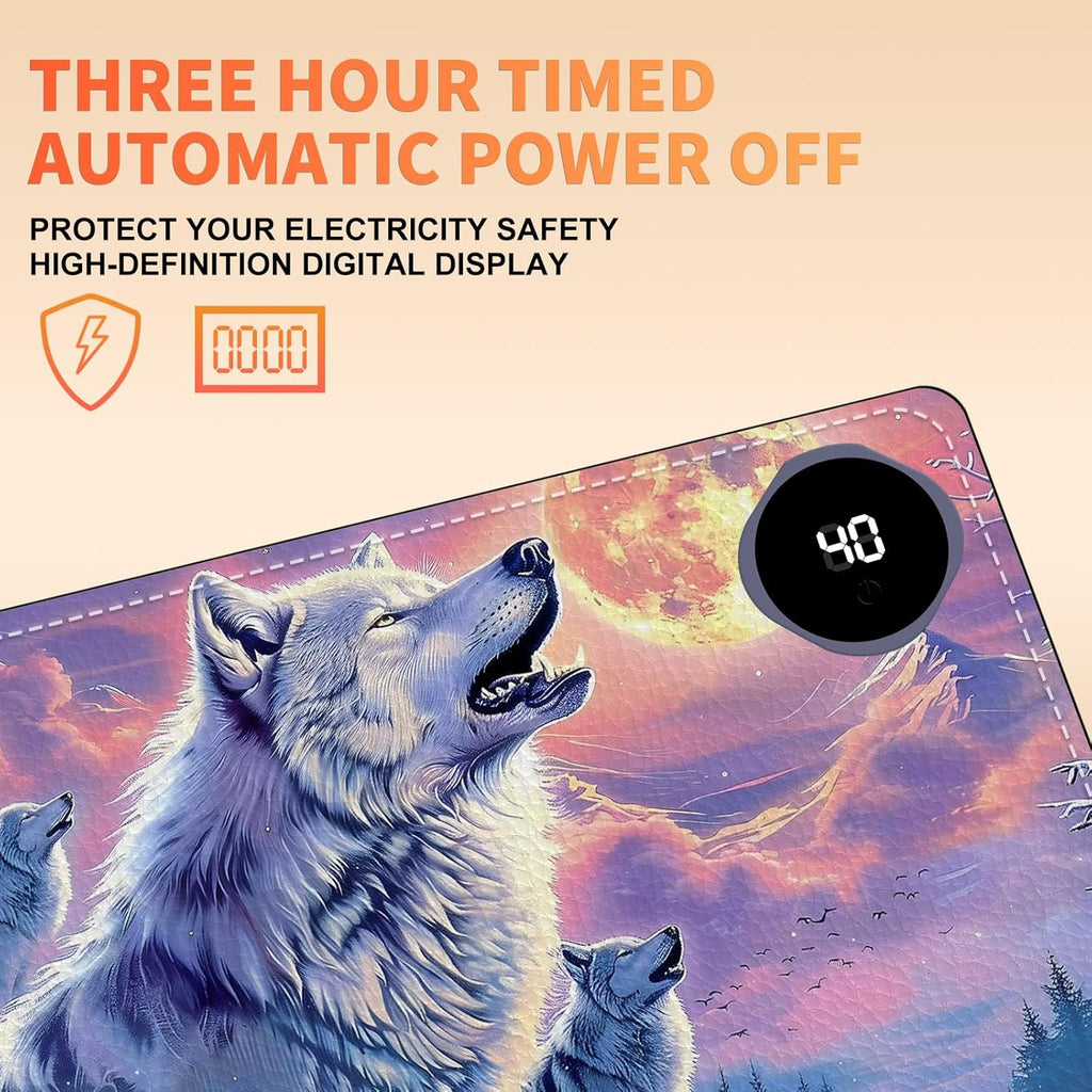 Heated Mouse Pad, Warm Desk Pad, Keyboard Mat 23.6 x 14 Inch Large Size Intelligent Fast Heating, 3 Speed Adjustable, Timed Auto Power Off for Game Office Home, Wolf Howling Under The Moon