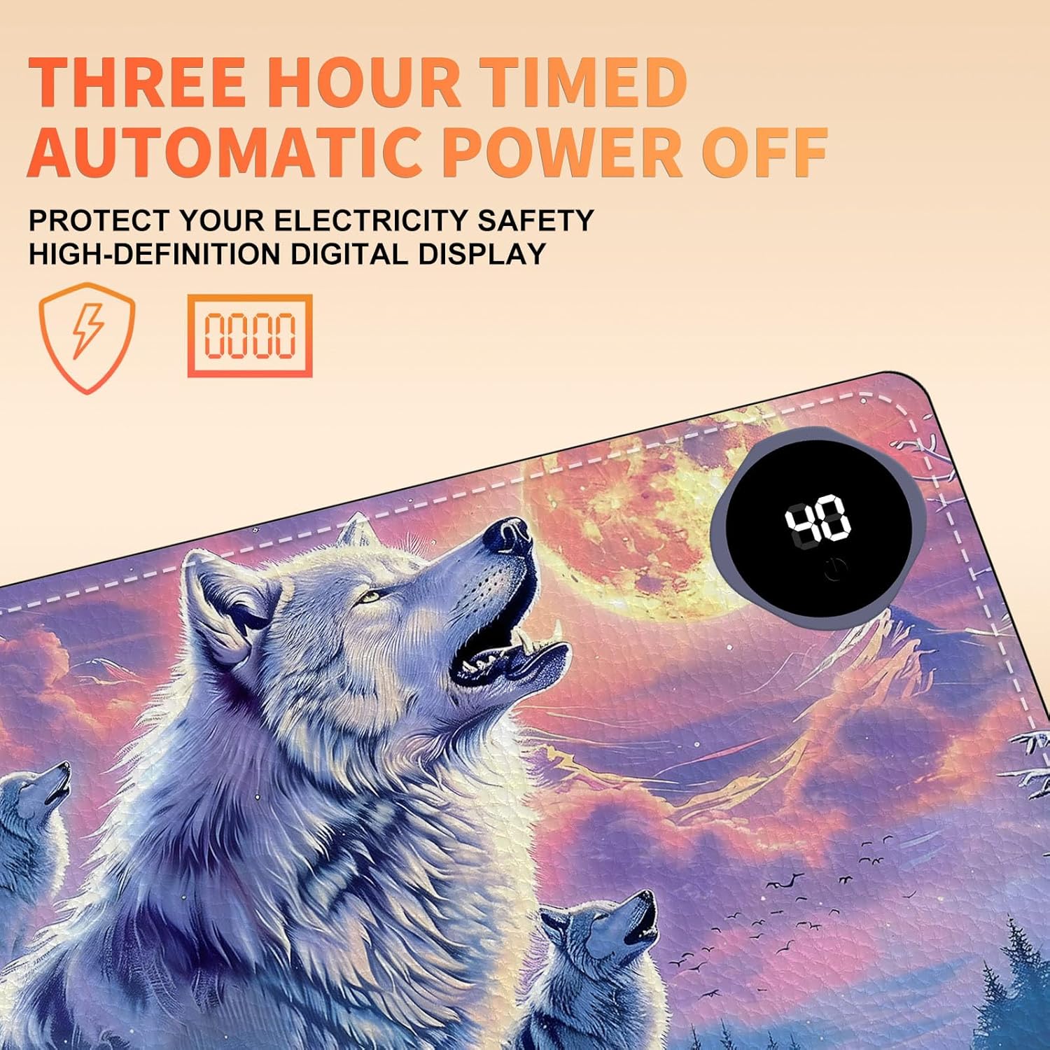 Heated Mouse Pad, Warm Desk Pad, Keyboard Mat 23.6 x 14 Inch Large Size Intelligent Fast Heating, 3 Speed Adjustable, Timed Auto Power Off for Game Office Home, Wolf Howling Under The Moon