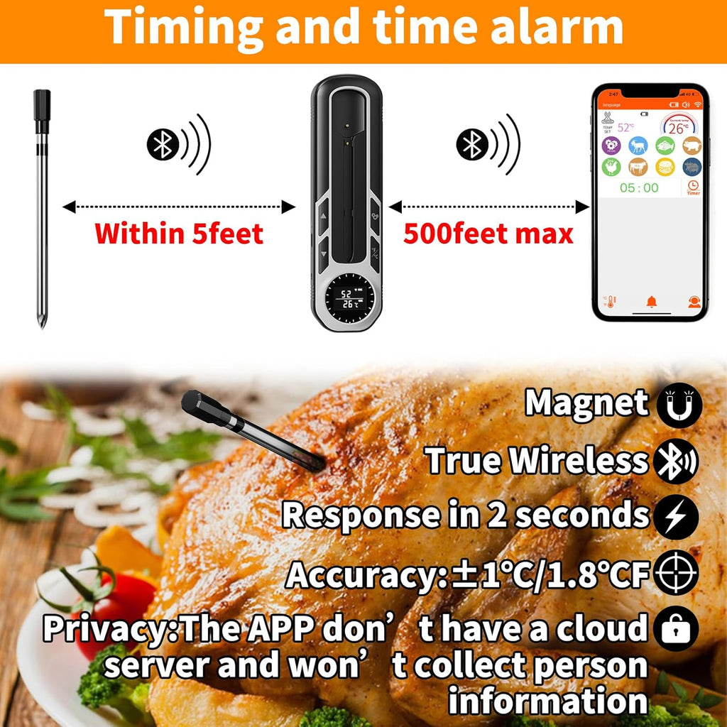 500ft Smart Wireless Meat Thermometer for BBQ, Wireless Thermometer with IP66 Waterproof, Bluetooth Meat Thermometer for Gift, Kitchen, Smoker,Grilling, Oven, Rotisserie | iOS & Android