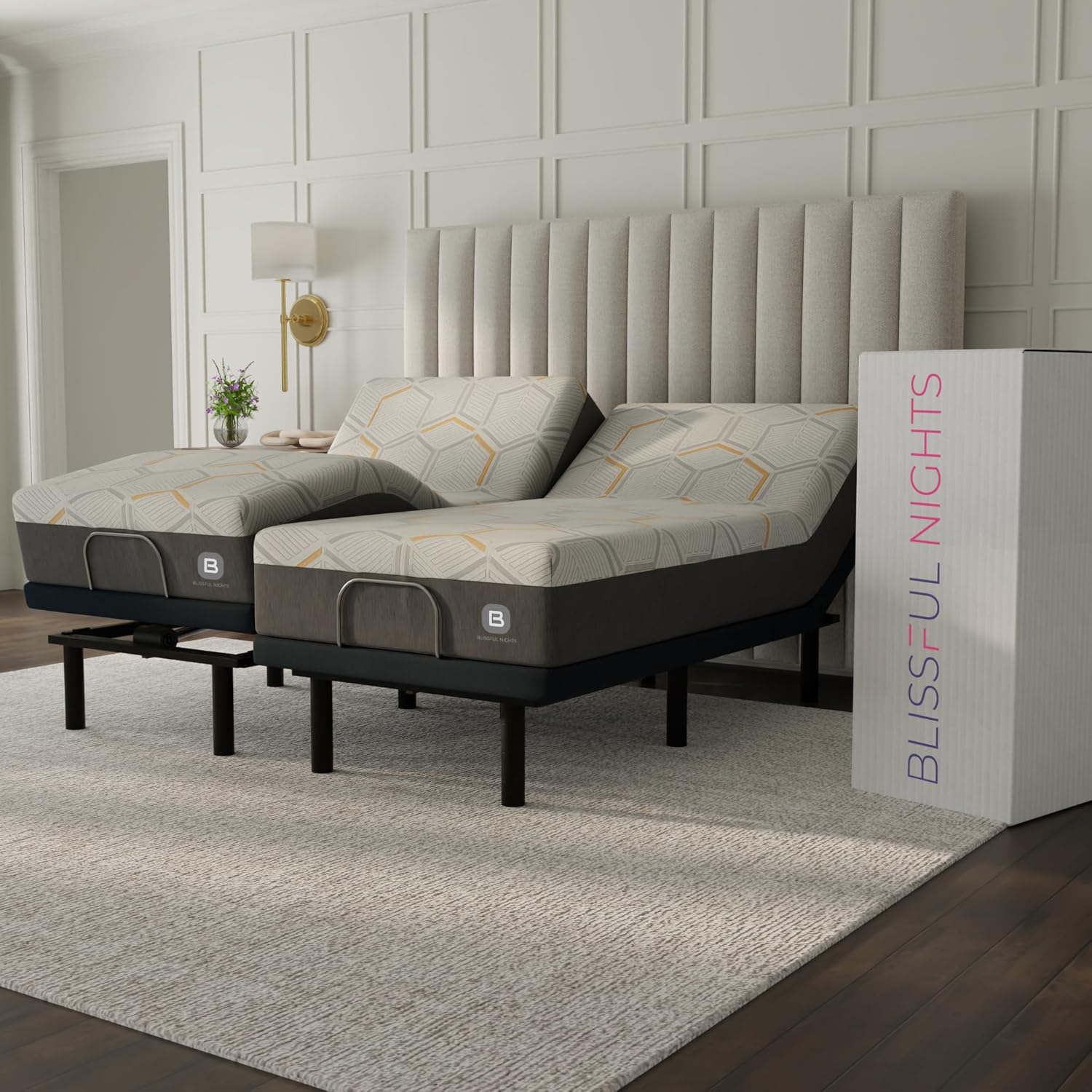 Blissful Nights e4 Cal King Split Adjustable Bed Base Frame with 12" Medium Firm Copper and Gel Infused Memory Foam Mattress